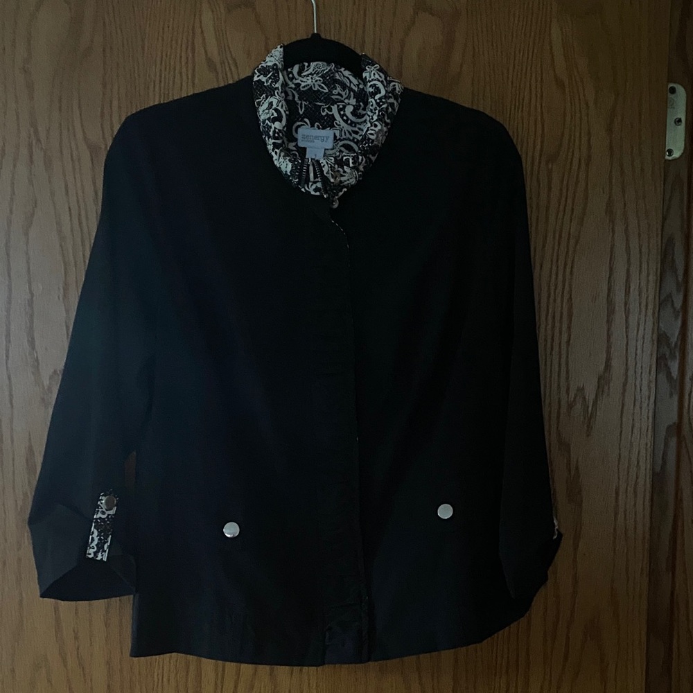 Black Women’s Button-Front Jacket with Paisley Trim